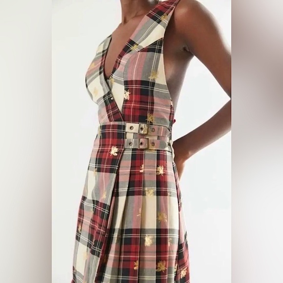 NWT Urban Outfitters Chandler Plaid Gold Bee Jumper Dress Sz Medium - Picture 2 of 10